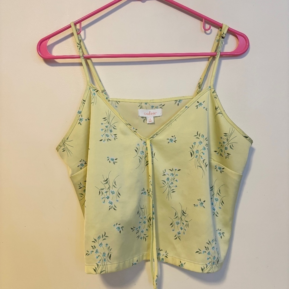 Colsie Silky Satin Lounge Pajama Cami Tank Top Butter Yellow Floral Womens M